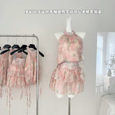 BXOXO - summer inspo Sexy Sleeveless Halter Top for Women Mini Pleated Skirt Set Summer New Ruched Print Floral Two Piece Sets Fashion Casual